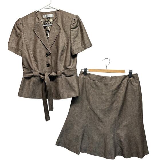 Tahari Linen Blend Skirt Suit Set Short Sleeve Belted Blazer & Flared Skirt Sz 6 - Picture 2 of 15